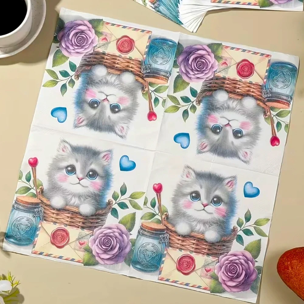 Letter Floral Sweet Kitten in Basket Luncheon Paper Napkins, 20 ct